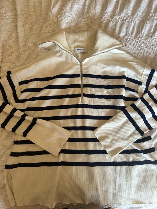Aritzia Sweaters - Aritzia Babaton Cream & Navy Half-Zip Striped Pullover
